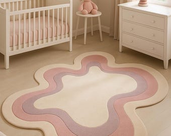 Modern Wavy Abstract Nursery Rug  Soft Cream Blush Pink Irregular Shape Kids Room Rug