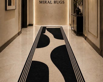 Alfombra moderna para pasillo, color negro y beige, tejida a mano, lujosa, abstracta, tamaño personalizado.