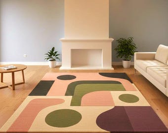 Tappeto moderno geometrico astratto, colore rosa e beige, morbido e accogliente, trapuntato, per soggiorno.