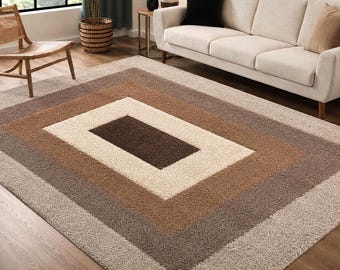 Modern Geometric Hand Tufted Wool Rug Neutral Brown Beige Area Rug Living Room Carpet