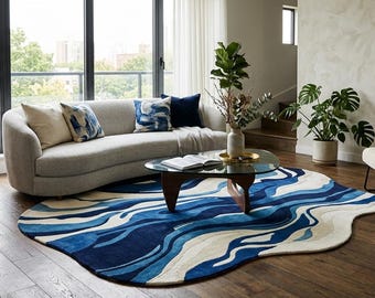 Tappeto moderno astratto blu irregolare, tappeto tuftato di lusso per soggiorno, design ondulato contemporaneo