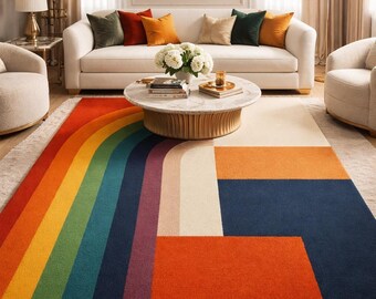 Tappeto in lana arcobaleno fatto a mano con design geometrico astratto per il soggiorno