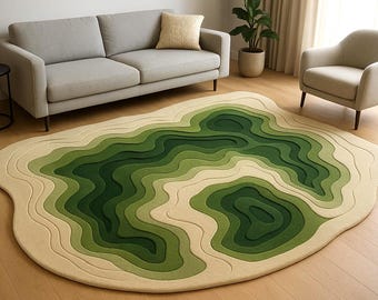 Tappeto astratto verde di lusso, forma irregolare, trapuntato, fatto a mano, per soggiorno, dimensioni personalizzate.