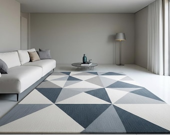 Modern Geometric Area Rug Blue Grey White Abstract Carpet for living room