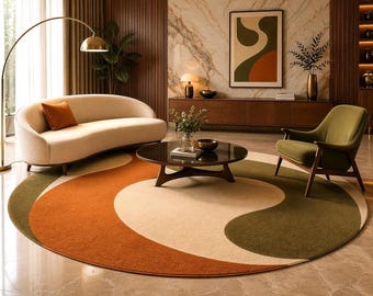 Alfombra redonda moderna con diseño abstracto para sala de estar, alfombra circular naranja, verde y beige.