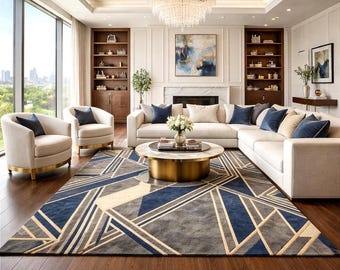 Alfombra geométrica azul grisácea de lujo moderna para sala de estar, elegante decoración del hogar.