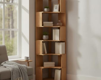 Estantería esquinera de madera maciza: Armario esquinero alto y minimalista, muebles de estilo moderno de mediados de siglo.