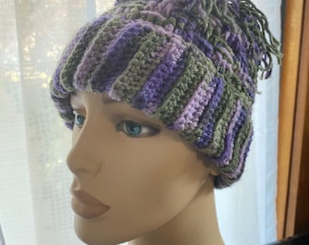Toboggan Crocheted Hat Adult M to L machine washable acrylic purple green lavender basketweave stitch whimsical fun