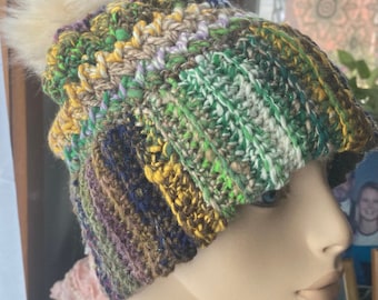 Slouchy Hat Stocking Cap Volwassen M tot L ScherStudio Handspun Garen wol alpaca zijde namaakbont Pom geel groen blauw bruin grillig plezier