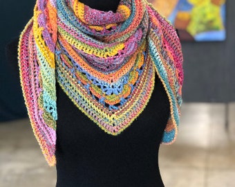 SHAWL Scarf, Rainbow colors, wool, gifts for her, birthday, wedding, textured, hand crocheted