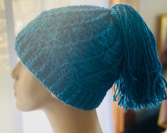 Toboggan Crocheted Hat Adult M to L machine washable acrylic teal blue shell swirl stitch whimsical fun
