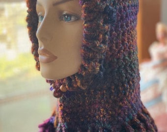 Fae Fairy Hat/Hood Child’s L Acrylic Yarn with wood and Ceramic purple rust gold green deep blue whimsical fun