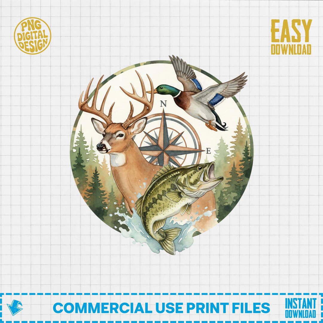 Hunting Digital PNG, Deer Duck Bass, Compass Woodland, Printable ...