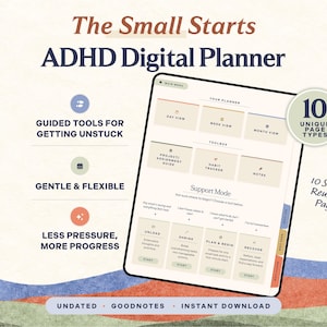 Undated ADHD Digital Planner for Goodnotes, Hyperlinked iPad Planner, Daily Weekly Monthly, Brain Dump & Task Breakdown, Small Starts