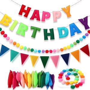 May include: A colorful birthday banner with the words "HAPPY BIRTHDAY" in various colors. The banner includes felt letters, pennant flags, and pom-poms in a rainbow of colors. Perfect for birthday parties and celebrations.