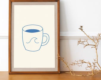 Coastal Coffee Mug Print – Minimalist Ocean Wave Art (Digital Download)