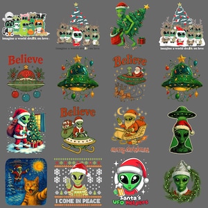 Könnte beinhalten: Eine Sammlung von weihnachtlichen Grafikdesigns mit Außerirdischen. Die Designs zeigen Außerirdische als Weihnachtsmänner, mit Lichtern geschmückte UFOs und festlichen Text wie "Believe" und "Merry Christmas". Einige Designs zeigen auch Katzen und den Text "I COME IN PEACE."