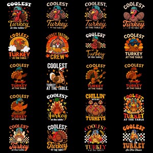 Könnte beinhalten: Eine Sammlung von Grafiken mit Cartoon-Truthähnen und dem Text "Coolest Turkey at the Table". Die Designs zeigen Truthähne in verschiedenen Posen, mit Hüten und Sonnenbrillen, vor einem schwarzen Hintergrund.
