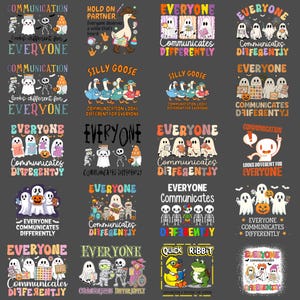 May include: A collection of graphic designs featuring Halloween-themed illustrations and text. The designs include ghosts, skeletons, and pumpkins, with phrases like "Everyone Communicates Differently" and "Silly Goose". The color palette includes orange, purple, and white.