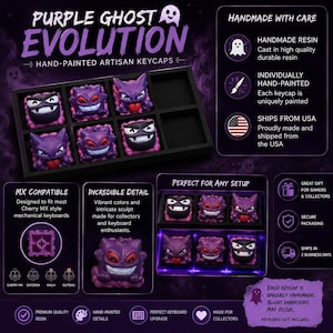 May include: A collection of purple ghost-themed artisan keycaps featuring hand-painted details and intricate sculpts. The keycaps are designed to be MX compatible for mechanical keyboards and are displayed in a black tray with descriptive text.