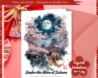 May include: A Japanese-style greeting card featuring a watercolor illustration of a full moon, cherry blossoms, and a traditional building. The card includes the text "Under the Moon of Sakura" and "Digital Download RDF+Jpg".