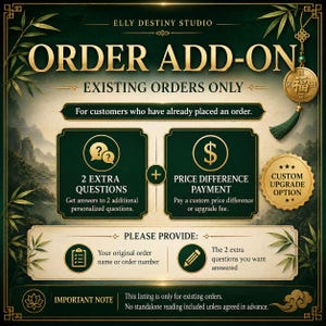 Könnte beinhalten: Grafik für Etsy-Listenelemente für Bestell-Add-ons, mit einem dunkelgrünen und goldenen Design. Es enthält Optionen für zusätzliche Fragen und Preisdifferenzzahlungen. Der Text lautet "Nur für bestehende Bestellungen".