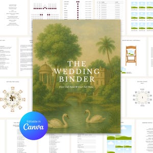 May include: A wedding binder with a landscape painting cover showing swans on a river, a bridge, and a building. The text "The Wedding Binder" is displayed. Surrounding pages include checklists and seating charts.