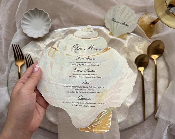 Coastal Seashell Menu Cards – Beach Wedding Menu Cards – Conch Shell ...