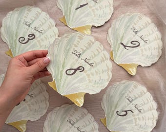 Coastal Seashell Table Number Cards – Beach Wedding Cards – Shell Die Cut – Nautical Table Settings
