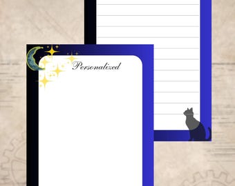 Cuaderno de notas de 5 x 8 pulgadas con diseño "Gato Nocturno", 40 hojas, rayadas o en blanco. Papelería de primera calidad.