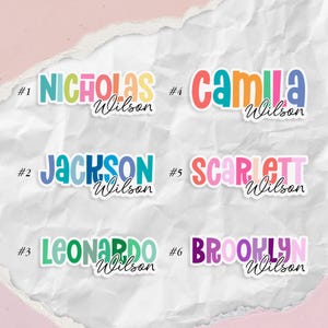 May include: A collection of colorful name stickers with the last name "Wilson". The names include Nicholas, Jackson, Leonardo, Camila, Scarlett, and Brooklyn. Each sticker has a unique color scheme and font style, perfect for personalizing items.