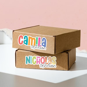May include: Two stacked, brown cardboard boxes with colorful name labels. The top box has a label that reads "Camila Wilson" in bright, playful lettering. The bottom box displays "Nicholas Wilson" in a similar style.