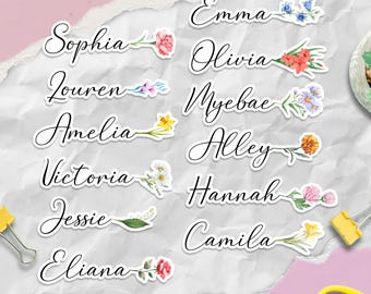 Birth Month Flower Name Sticker | Personalized Vinyl Name Decal for Laptop | Custom Floral Label