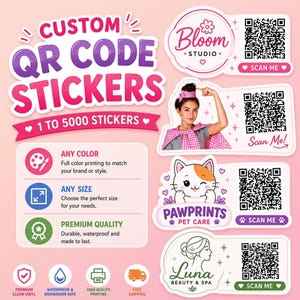 May include: Pink and purple custom QR code stickers, with the text "1 to 5000 stickers." Examples are shown for Bloom Studio, Pawprints Pet Care, and Luna Beauty & Spa. Features include any colour, any size, and premium quality.