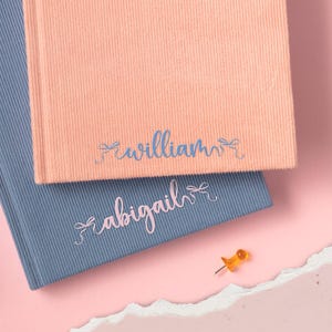 K&ouml;nnte beinhalten: Zwei Cord-Notizb&uuml;cher, eines in Pfirsich und eines in Blau, sind gestapelt. Das pfirsichfarbene Notizbuch tr&auml;gt den Namen "William" in Schreibschrift. Das blaue Notizbuch tr&auml;gt den Namen "Abigail" in Schreibschrift. Eine gelbe Rei&szlig;zwecke befindet sich unten rechts.