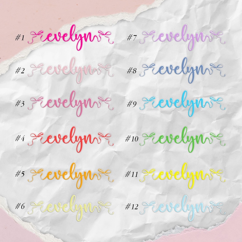 K&ouml;nnte beinhalten: Eine Sammlung von zw&ouml;lf farbenfrohen "Frevelyn" Namensdesigns, jeweils mit einer dekorativen Schleife. Die Namen sind in verschiedenen Farbt&ouml;nen, darunter Rosa, Orange, Gr&uuml;n und Blau, auf einem strukturierten wei&szlig;en Hintergrund.