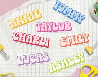 Custom Name Vinyl Stickers | Retro Name Label | Personalized Waterproof Sticker for Kids & School Supplies