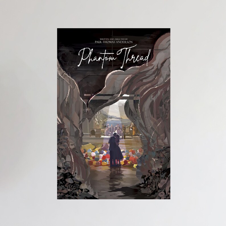 May include: A poster for the film "Phantom Thread" with an artistic illustration. The artwork shows a couple embracing in a watery setting, surrounded by colourful balloons. The film's title and director's name are displayed at the top.