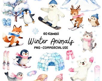 Winter Animals Clipart Bundle Watercolor Kawaii PNG - Cute Penguin Bear Fox Bunny Ski Snowboard Set, Snowy, Winter Sports - Commercial Use