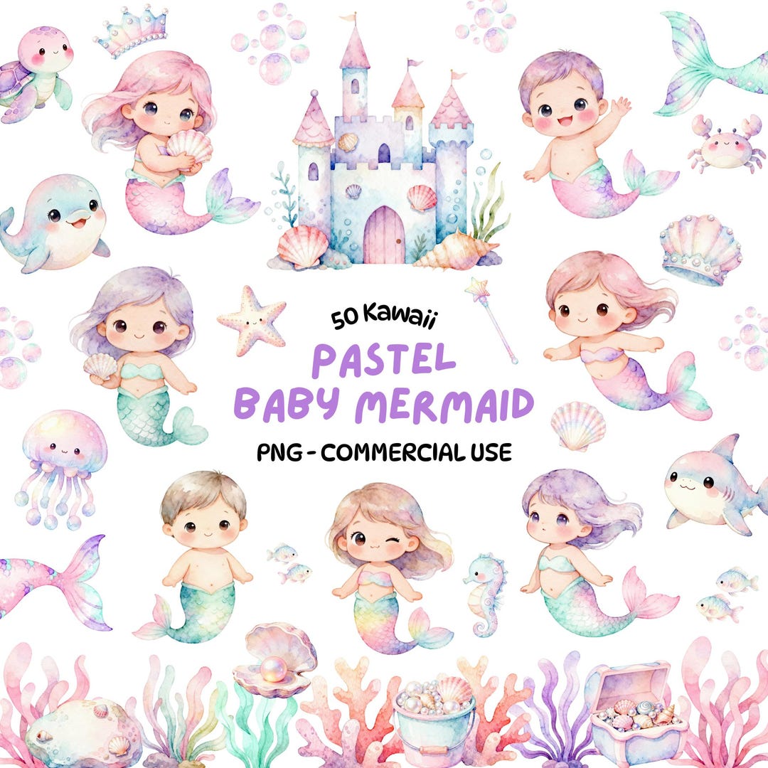 Pastel Baby Mermaid Clipart Bundle – Under the Sea Watercolor PNG ...