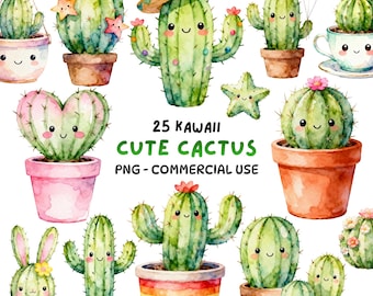 Cute Cactus Clipart Bundle - Kawaii Watercolor Cute Cactus PNG Set - Floral Plants, Pots, Balloons, Heart Cactus, Holiday - Commercial Use