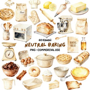 Puede incluir: Ilustración en acuarela de utensilios de repostería y productos horneados. Incluye una batidora, horno, rodillo, tarta, pan e ingredientes. Texto: "40 Kawaii Neutral Baking PNG - Commercial Use."