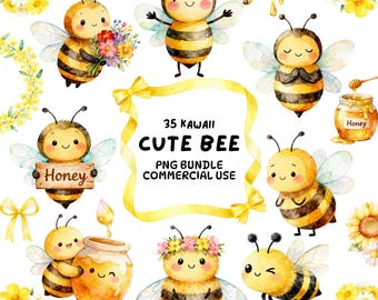 Watercolor Bee Clipart Bundle, Floral Wreath and Honeycomb PNG, Cute Bee Digital Download, Nursery Art, Nature Clipart, Commercial Use