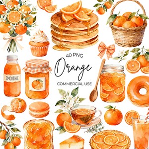 Puede incluir: Ilustración en acuarela con varios elementos con temática de naranja. Incluye una pila de panqueques con jarabe, una cesta de naranjas, un tarro de mermelada, una rosquilla, un batido y un ramo de flores de naranjo. Se muestra el texto "Orange".