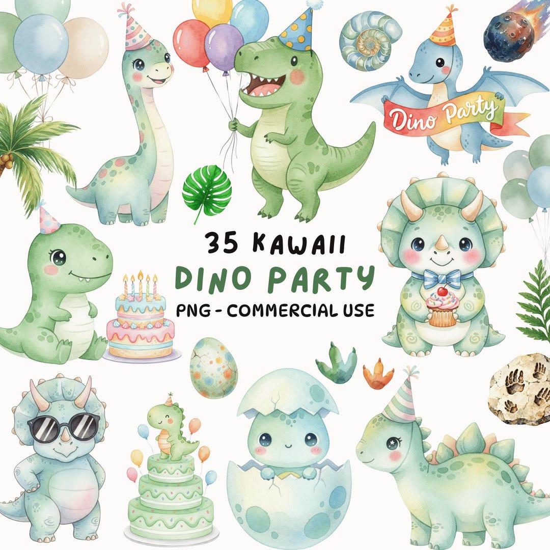 Dinosaur Clipart Bundle Cute Dino Party PNG Kawaii Watercolor Baby ...