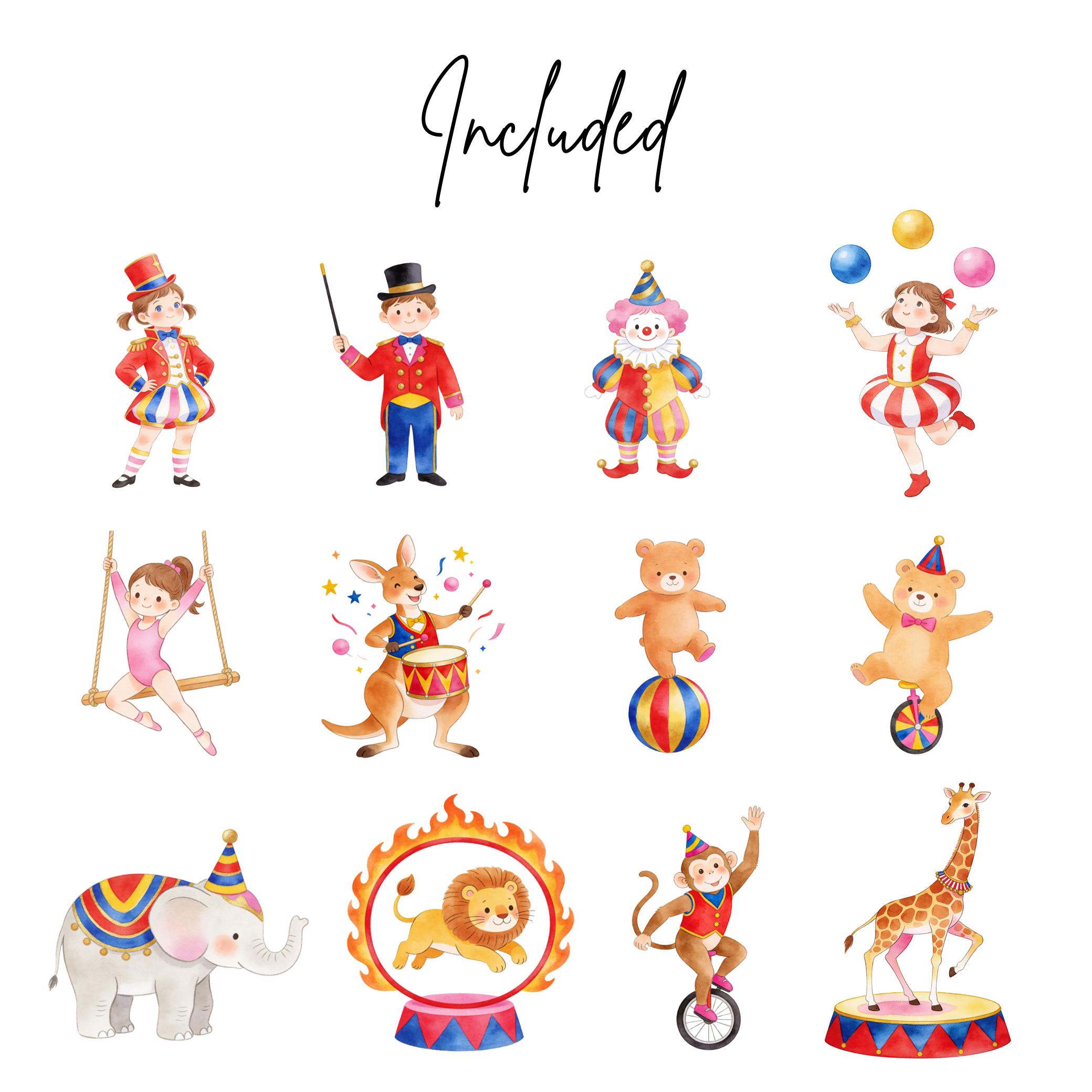 Circus Clipart Bundle – Cute Watercolor Carnival Animals & Performers ...