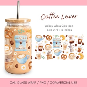 Envoltura de lata de vidrio para amantes del café PNG – Diseño de sublimación para vaso Libbey de 16 oz con patrón de acuarela kawaii – Uso comercial