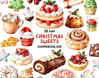 Cute Christmas Sweets Watercolor Clipart Bundle - Kawaii Holiday Dessert PNG Set for Crafts, Stickers, Cards & Sublimation - Commercial Use