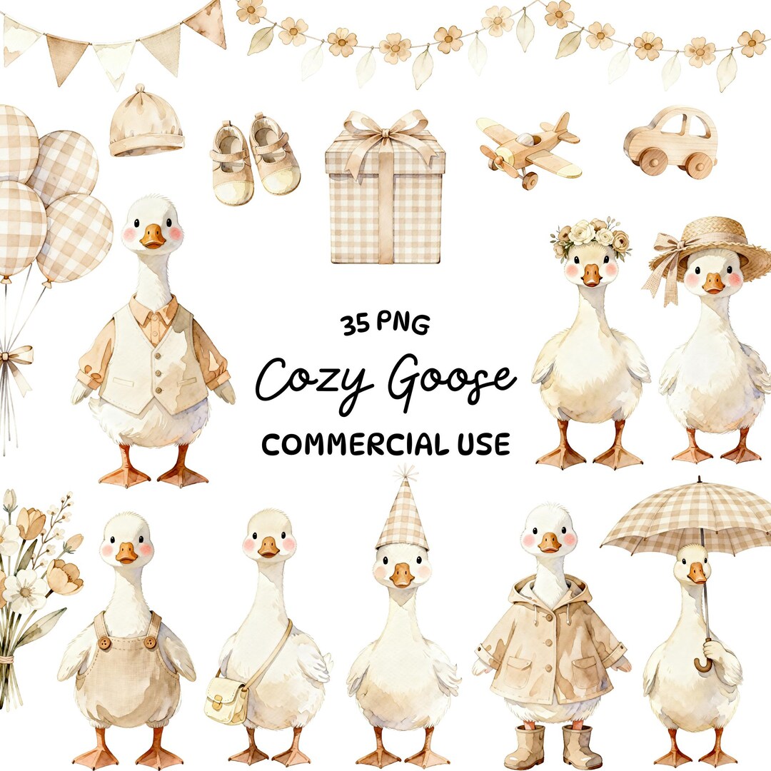 Cozy Goose Clipart Bundle – Watercolor Farm Goose PNG – Neutral ...