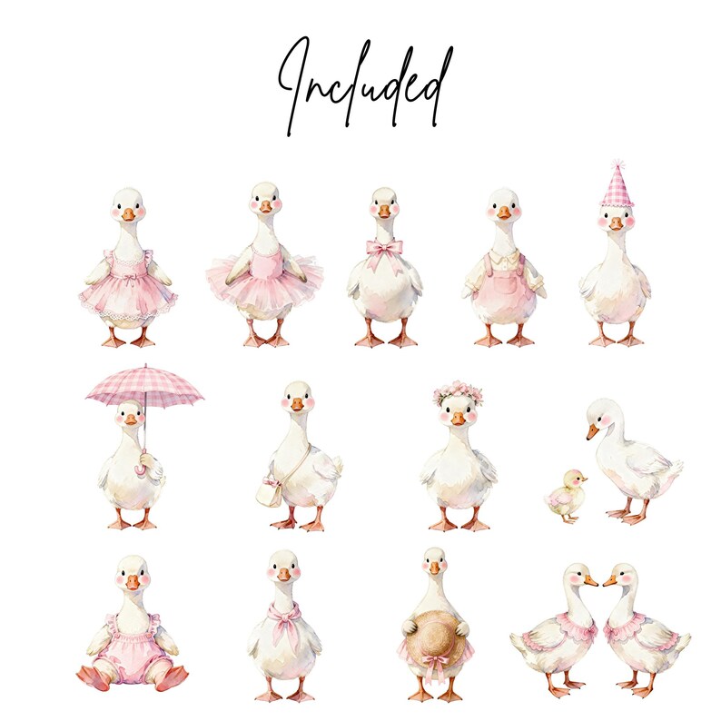 Sweet Goose Watercolor Clipart Bundle - Pink Pastel Baby Goose PNG Set ...